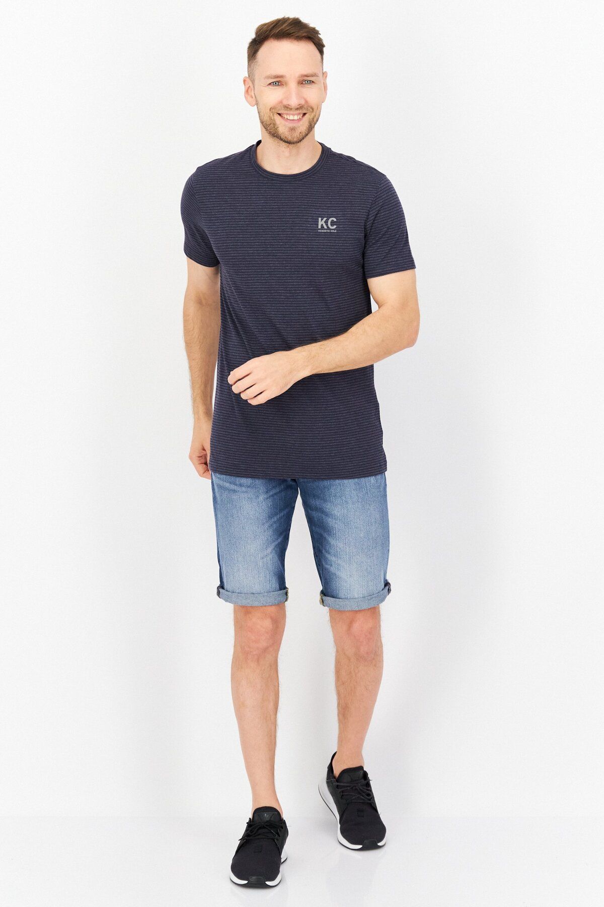 Kenneth Cole-Men Crew Neck Short Sleeve Stripe T Shirt, Navy 4