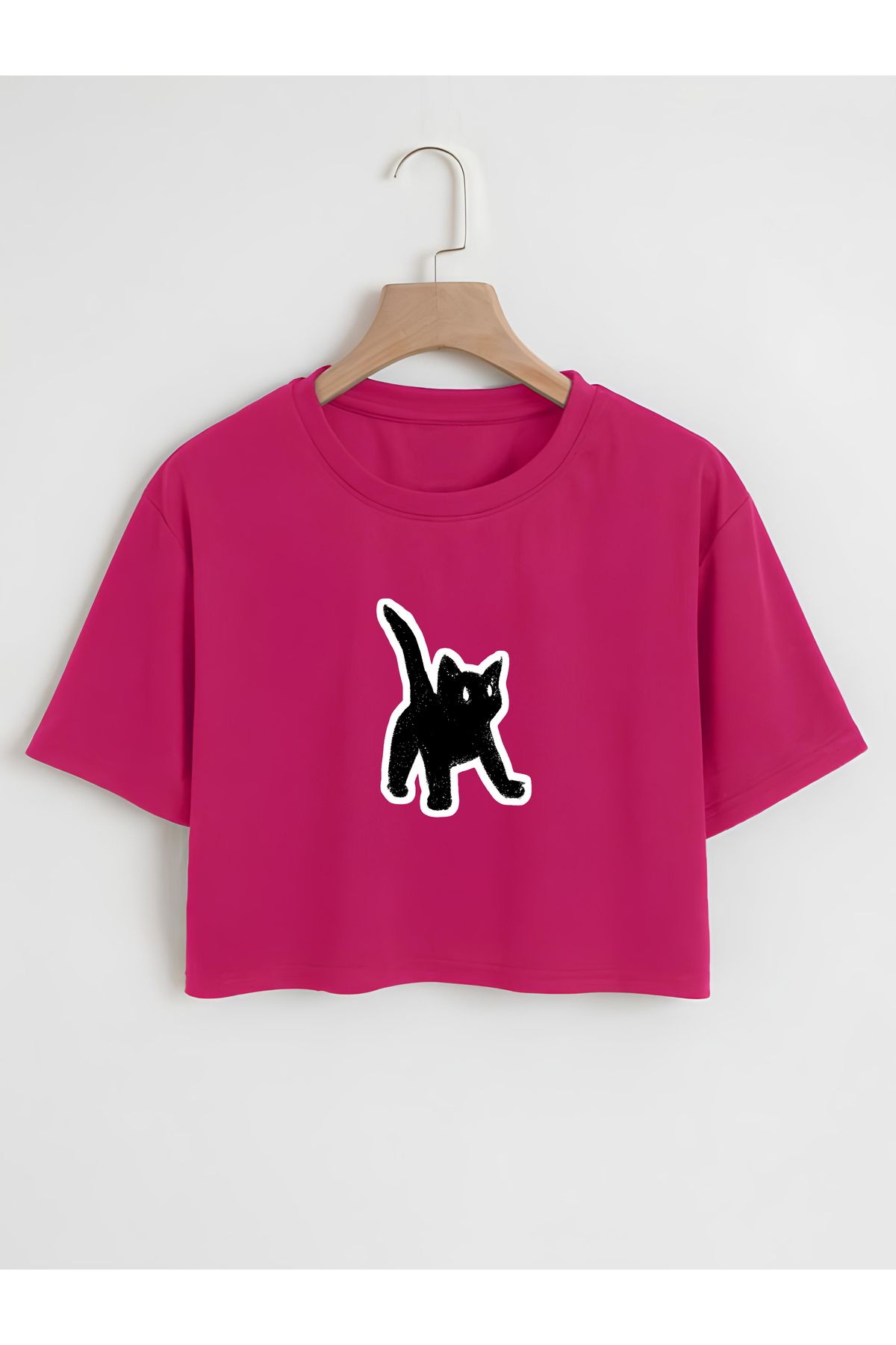 Ginevra Kadın Oversize Bisiklet Yaka Black Cat Baskılı Crop T-shirt