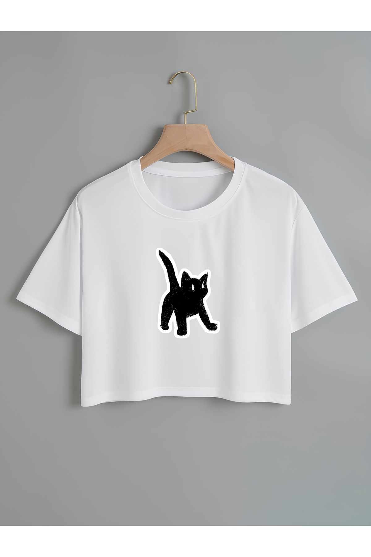 Ginevra Kadın Oversize Bisiklet Yaka Black Cat Baskılı Crop T-shirt