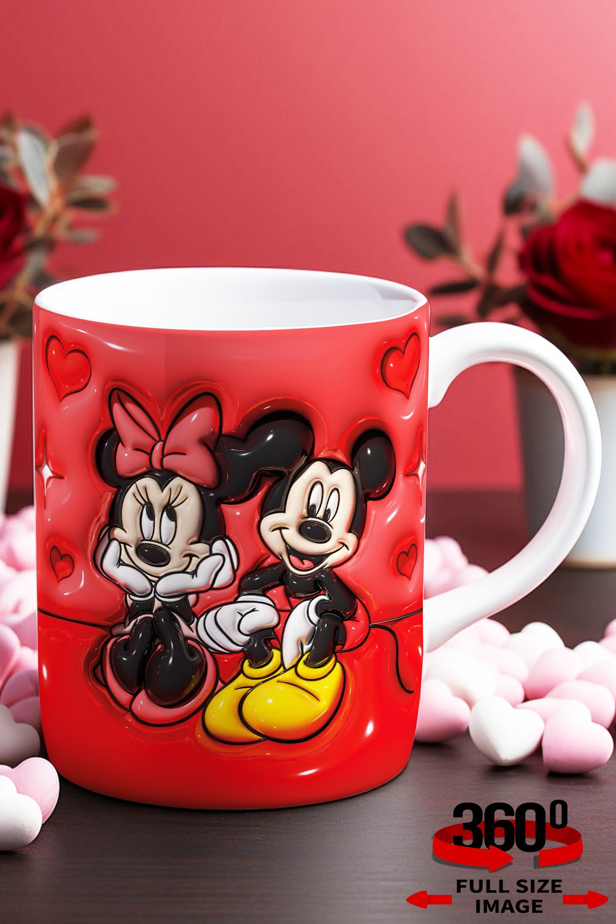 dijital moda tasarım 14 Şubat Sevgililer Günü 3D Kabartma Desen Efektli "Mickey&Minnie" Kişiye Özel Porselen Kupa Bardak