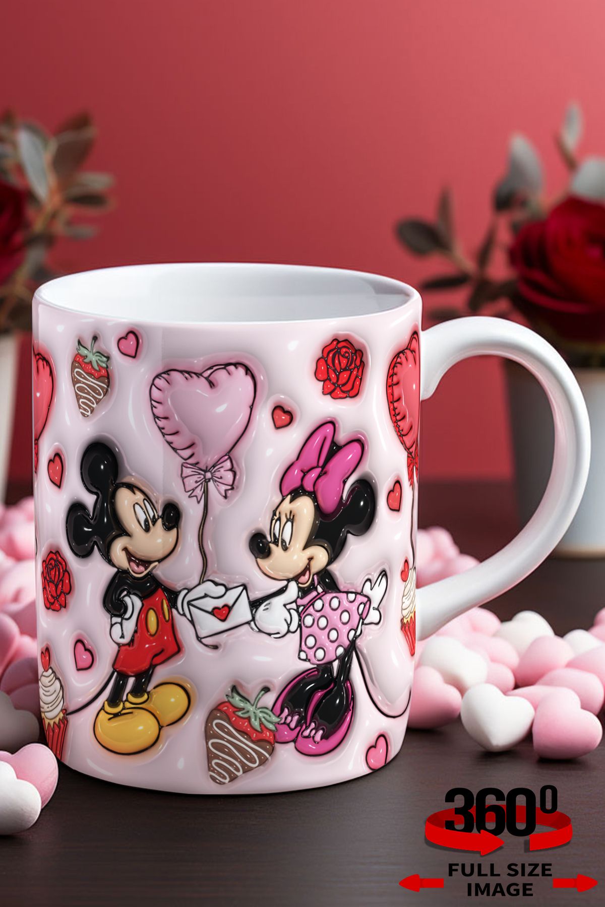 dijital moda tasarım 14 Şubat Sevgililer Günü 3D Kabartma Desen Efektli "Mickey&Minnie" Kişiye Özel Porselen Kupa Bardak