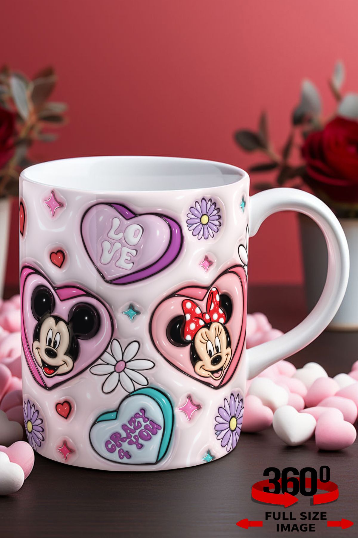 dijital moda tasarım 14 Şubat Sevgililer Günü 3D Kabartma Desen Efektli "Mickey&Minnie" Kişiye Özel Porselen Kupa Bardak