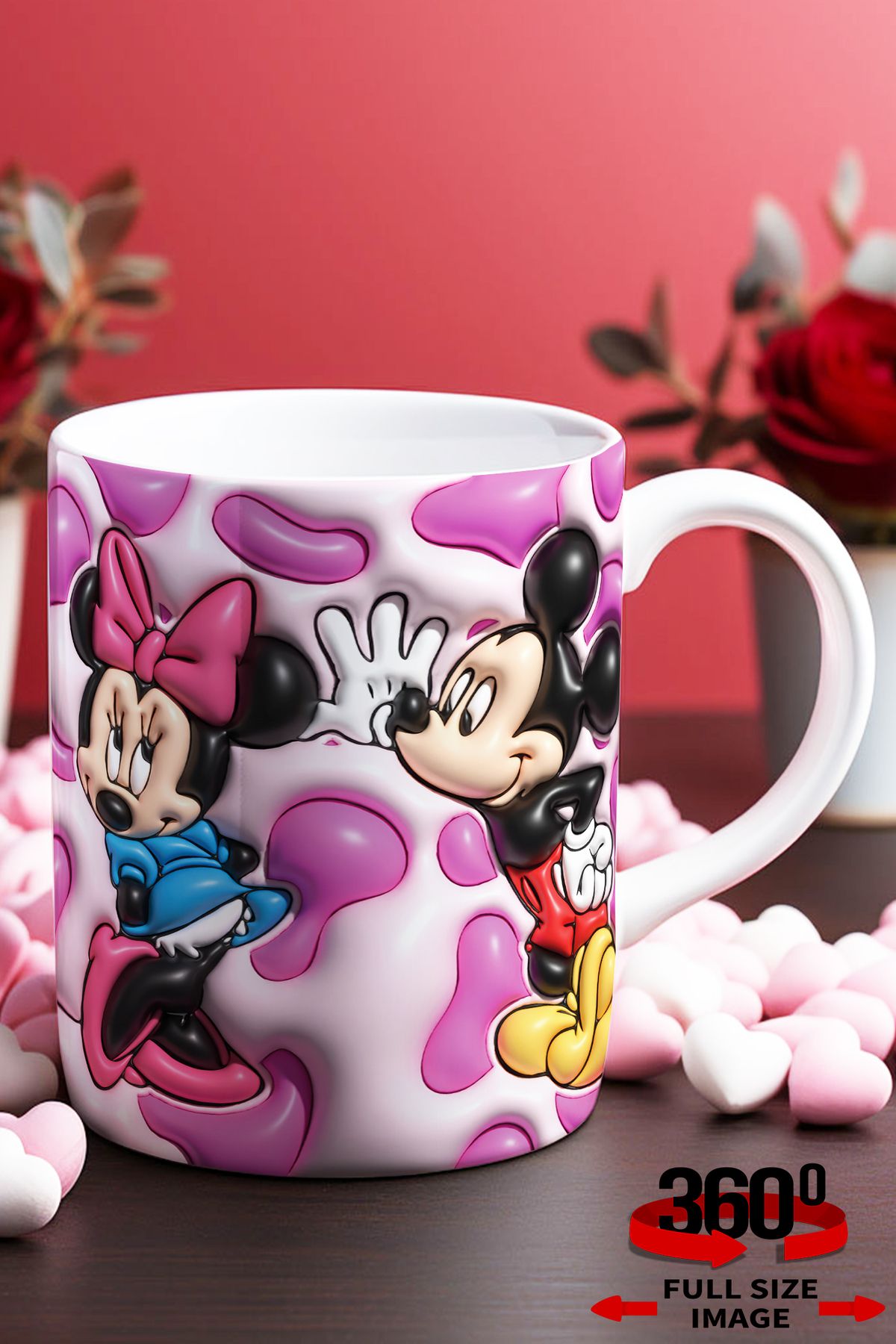 dijital moda tasarım 14 Şubat Sevgililer Günü 3D Kabartma Desen Efektli "Mickey&Minnie" Kişiye Özel Porselen Kupa Bardak