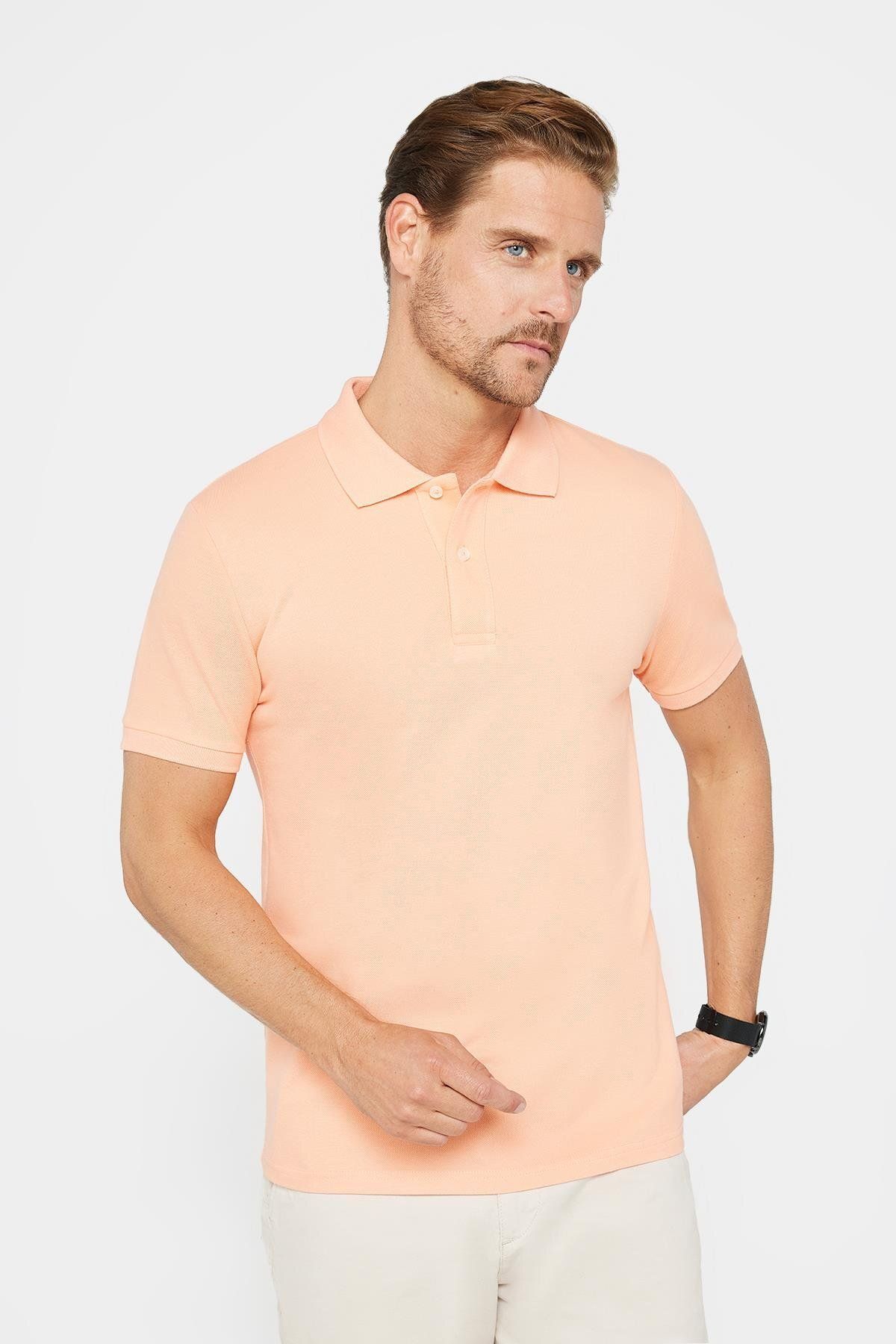 Tudors-Men's Slim Fit Slim Fit 100% Cotton Plain Pique Salmon Polo Collar T-Shirt 1