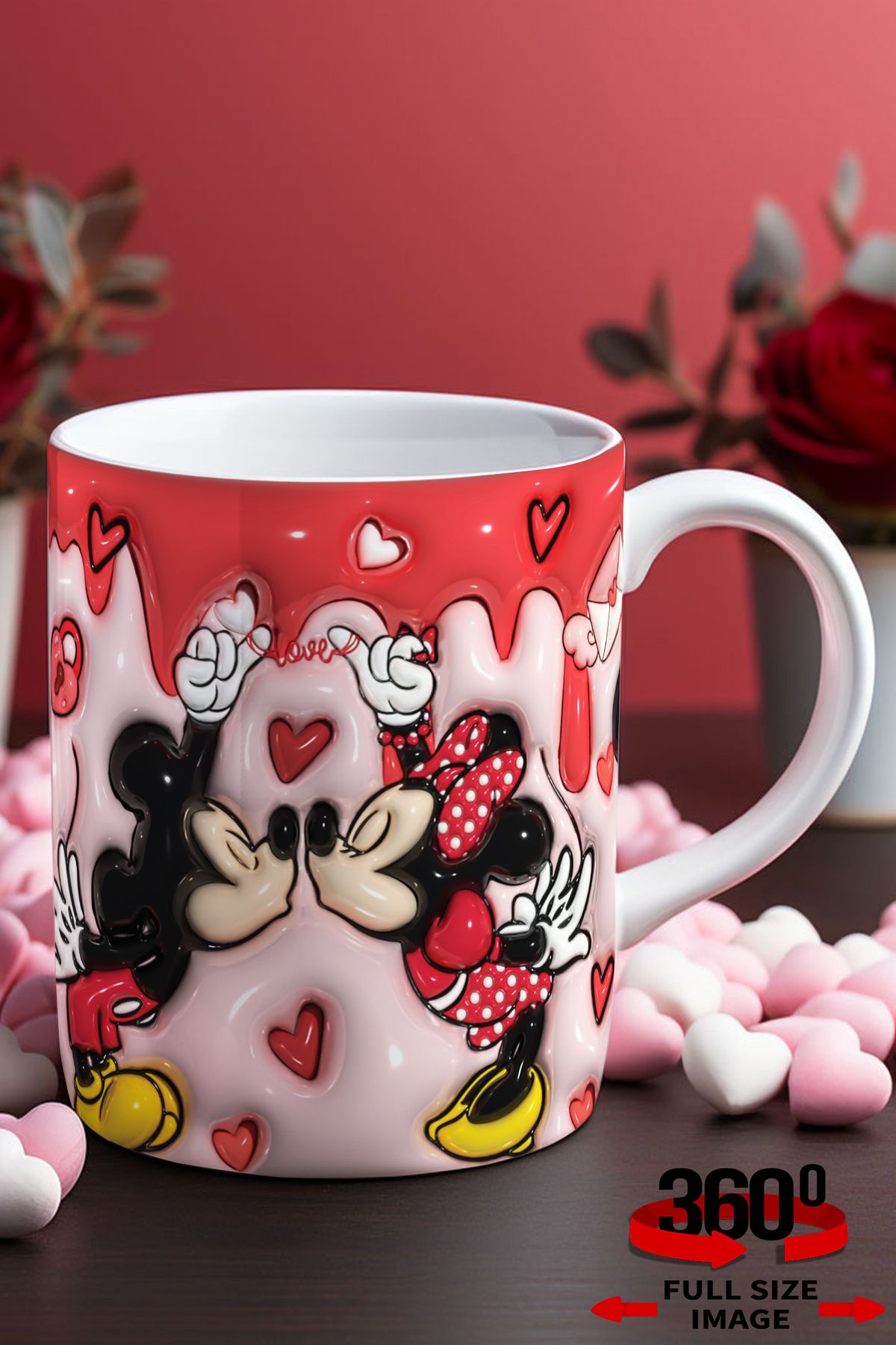 dijital moda tasarım 14 Şubat Sevgililer Günü 3D Kabartma Desen Efektli "Mickey&Minnie" Kişiye Özel Porselen Kupa Bardak