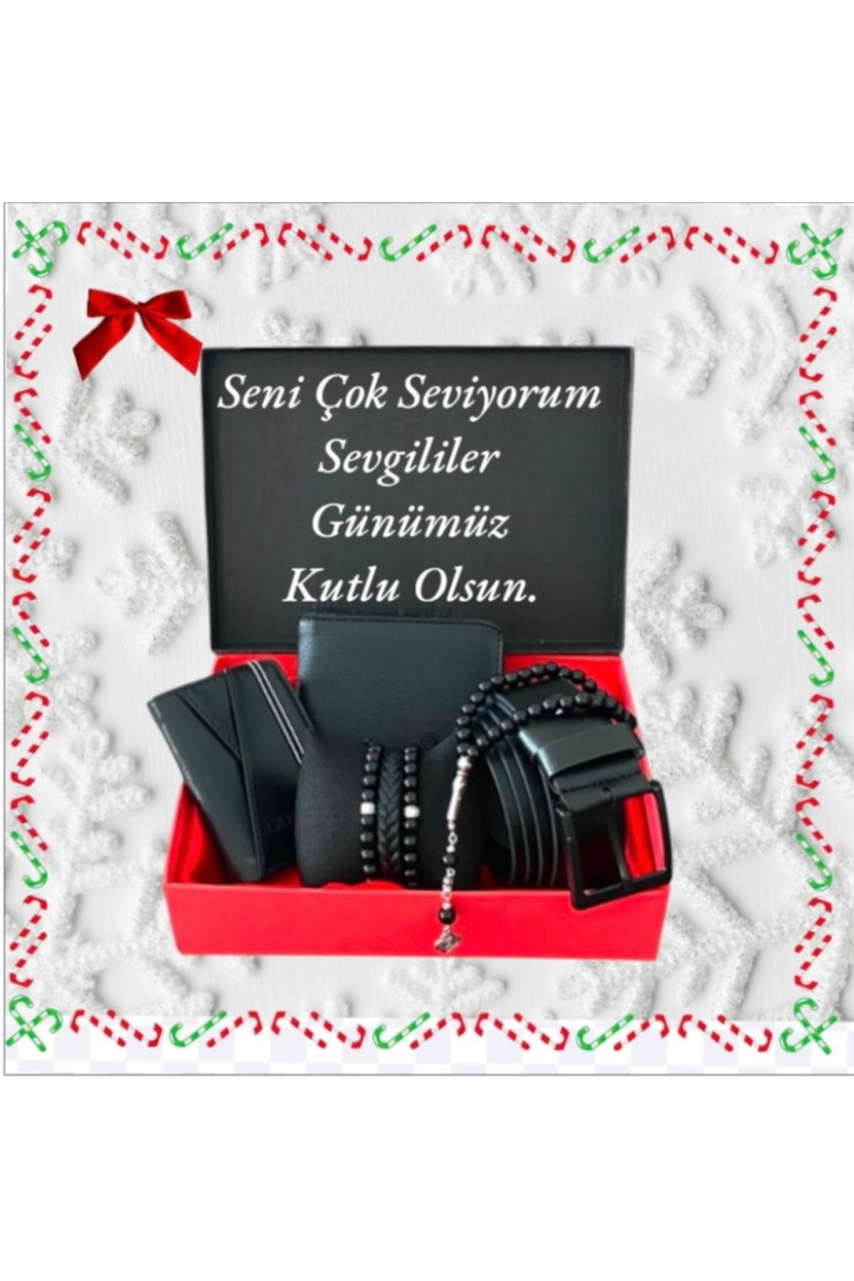 Carlino Erkek Hediye Seti Siyah Kemer Cüzdan Kartlık 3 Adet Bileklik Tesbih