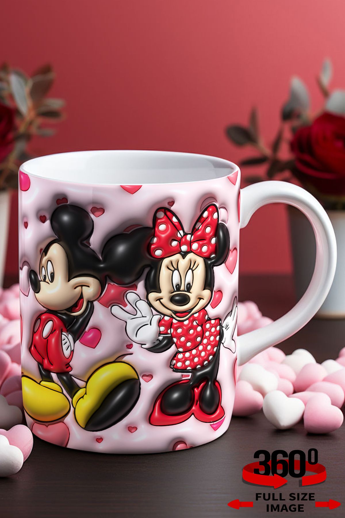 dijital moda tasarım 14 Şubat Sevgililer Günü 3D Kabartma Desen Efektli "Mickey&Minnie" Kişiye Özel Porselen Kupa Bardak