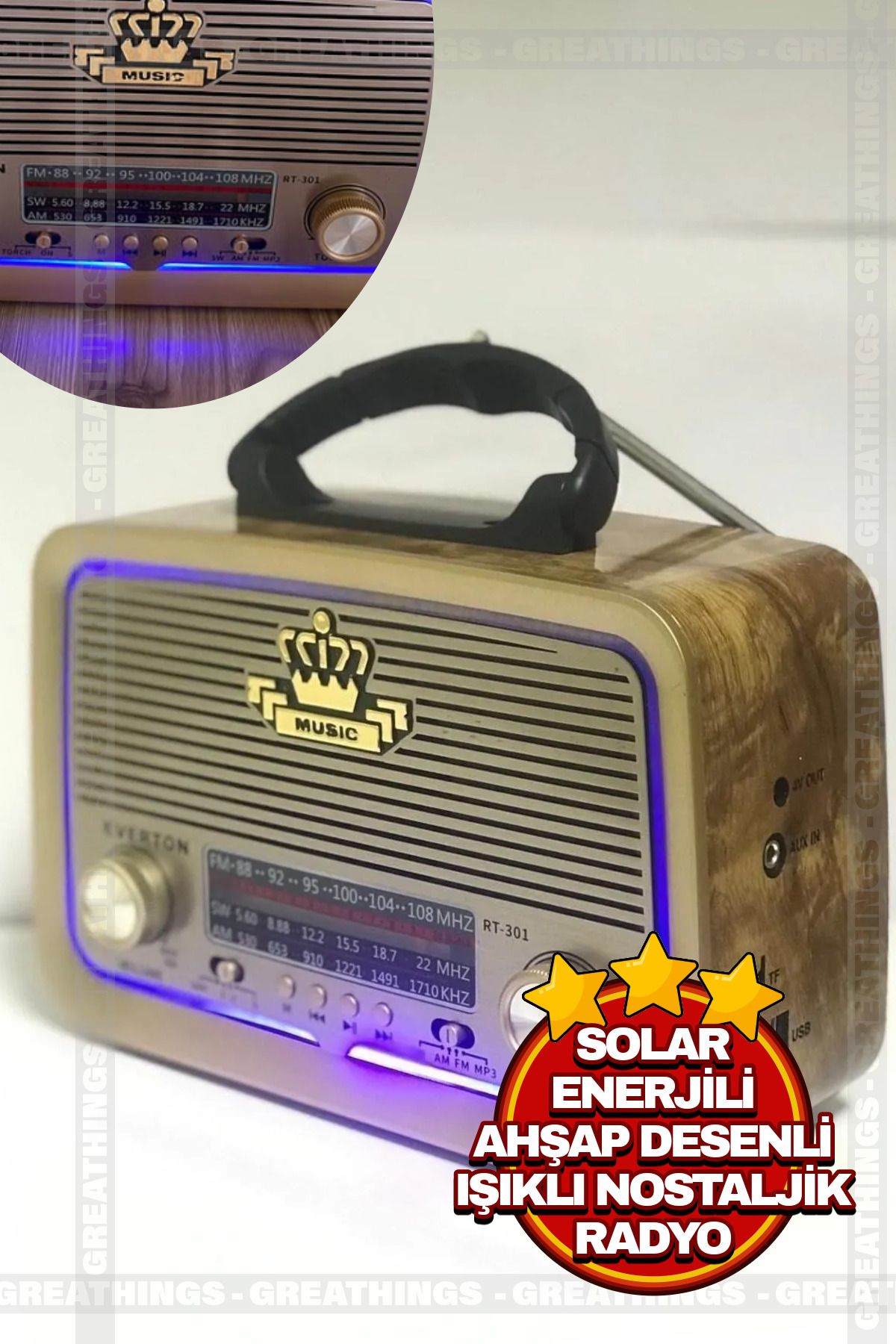 Greathings Solar Enerjili Ahşap Desenli Şık Tasarımlı Usb Şarjlı Bluetooth Işıklı Nostaljik Radyo