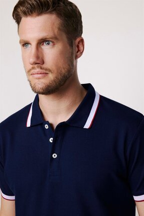 Tudors Erkek Slim Fit Dar Kesim %100 Pamuk Düz Pike Kol Şeritli Lacivert Polo...