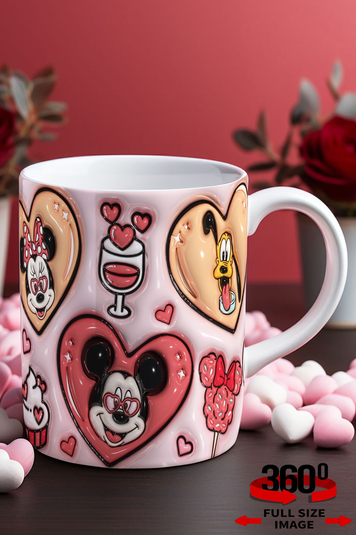 dijital moda tasarım 14 Şubat Sevgililer Günü 3D Kabartma Desen Efektli "Mickey&Minnie" Kişiye Özel Porselen Kupa Bardak