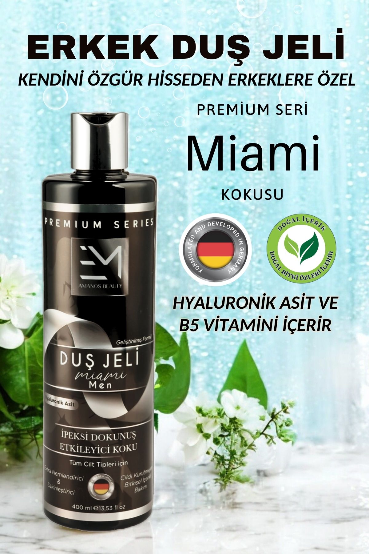 EM AMANOS BEAUTY Erkek Duş Jeli - Miami Kokusu - Doğal Bitki Özleri Hyaluronik Asit Ve B5 Vitamini Içerir