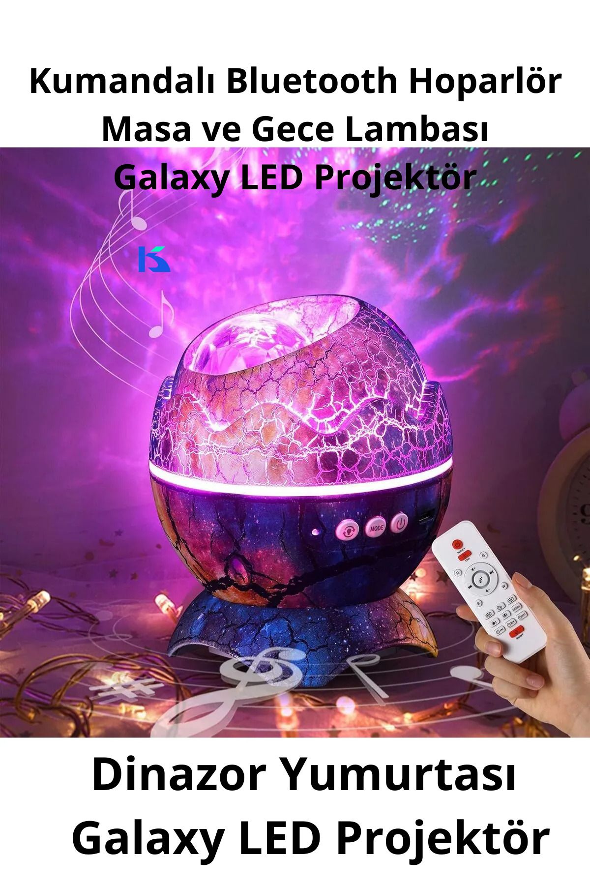 KALİTESENİNLE Kumandalı Bluetooth Hoparlör Müzik Masa ve Gece Lambası Galaxy LED Projektör Işık Dinazor Yumurtası