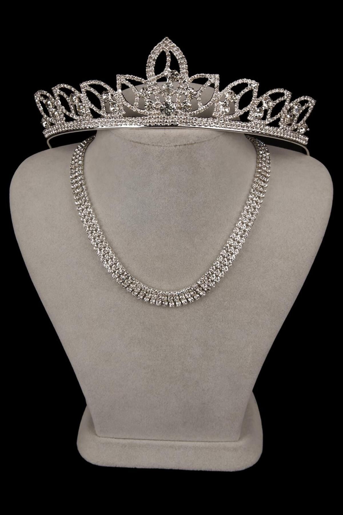 Hayalperest boncuk-3 Rows Crystal Stoned Stylish Evening Dress Necklace and Leaf Bridal Crown 1