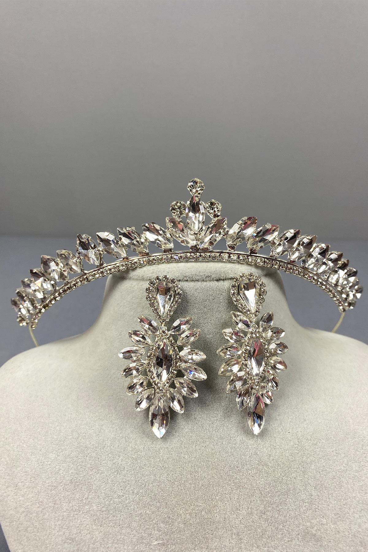 Silver Ece Bridal Crown and Thin Shuttle Stone Earrings