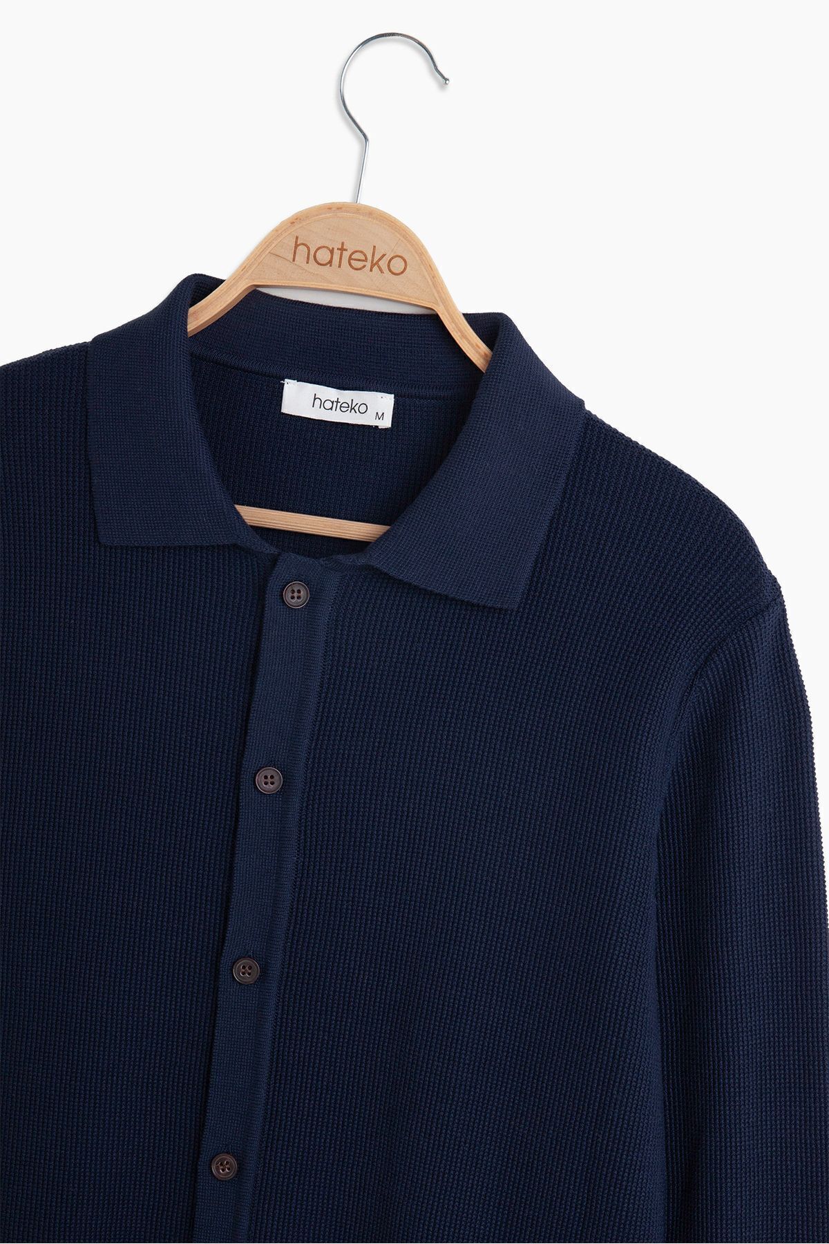 hateko-100% Cotton Navy Blue Waffle Knit Shirt Collar Knitwear Cardigan 7