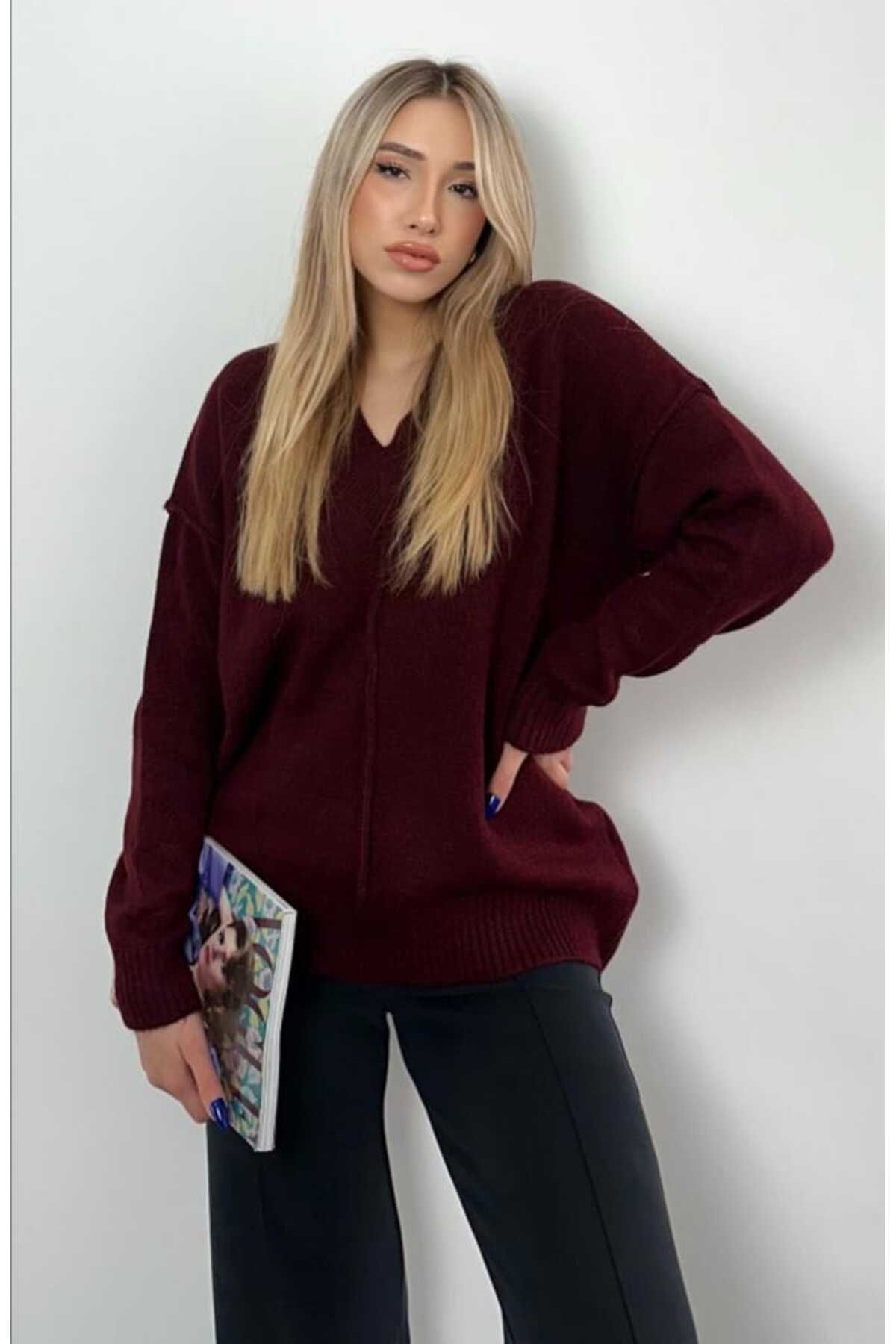 yeditepe fashion Kadın V Yaka Ters Dikiş Oversize  Triko Kazak Bordo