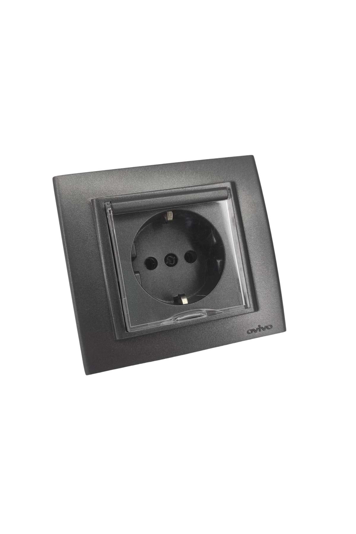 OVİVO-Ovivo Covered Grounded Socket + Frame Smoked 6 Pieces 2