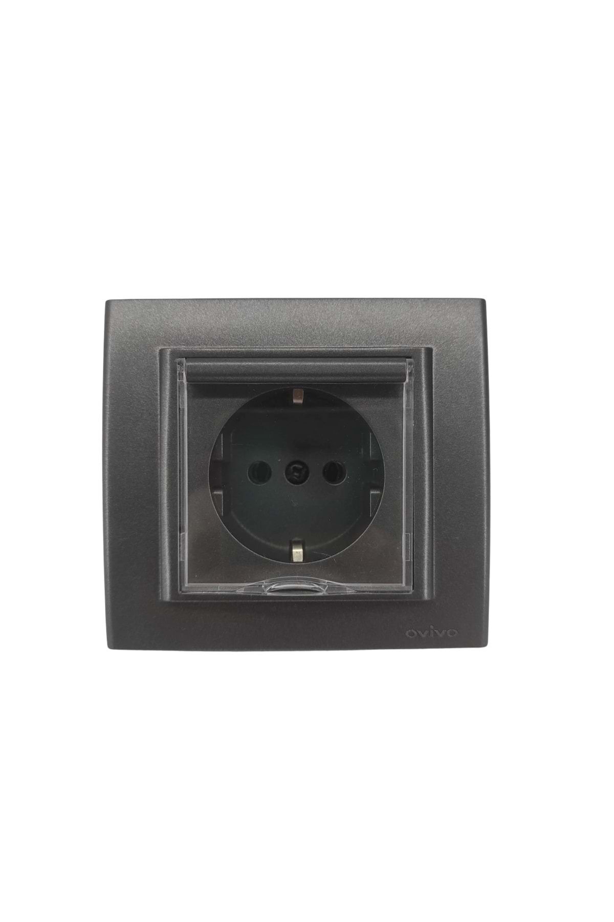 OVİVO-Ovivo Covered Grounded Socket + Frame Smoked 6 Pieces 3