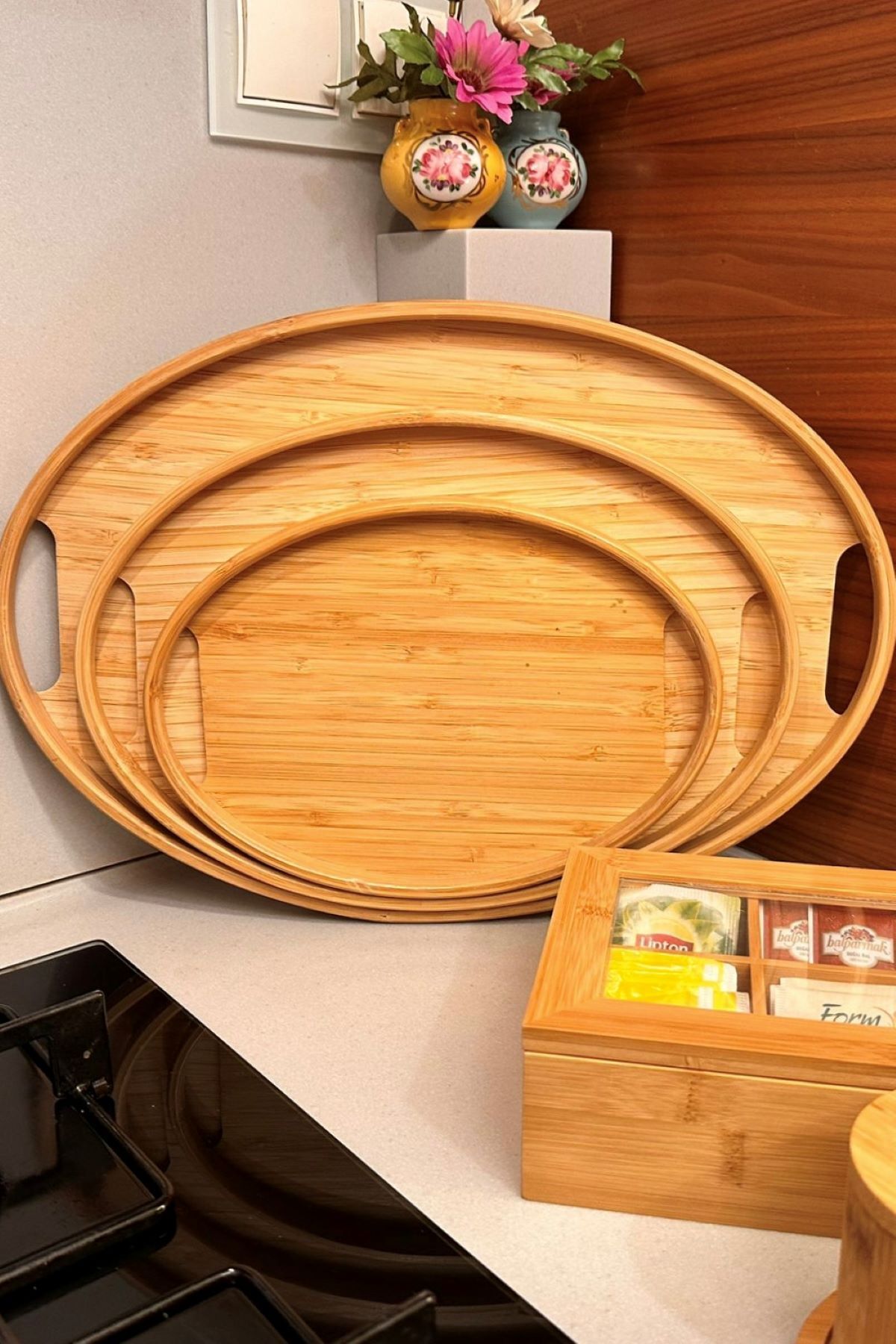 Makri Bambu Oval 3'lü Tepsi Seti. Küçük Tepsi: 20x29 cm. Orta Tepsi: 26x36 cm. Büyük Tepsi: 31x45 cm