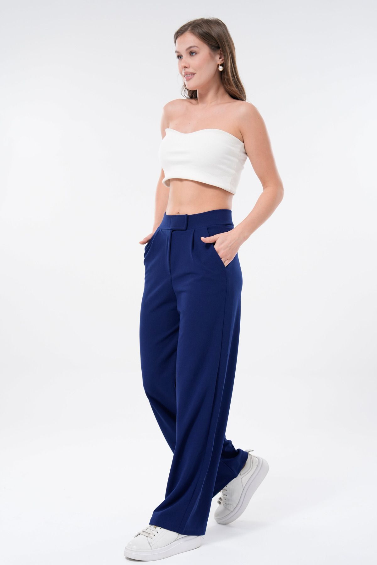vuvutasarım-Țesătură creponată Închidere cu velcro Buzunare late pentru picioare Pantaloni de damă bleumarin 001 7