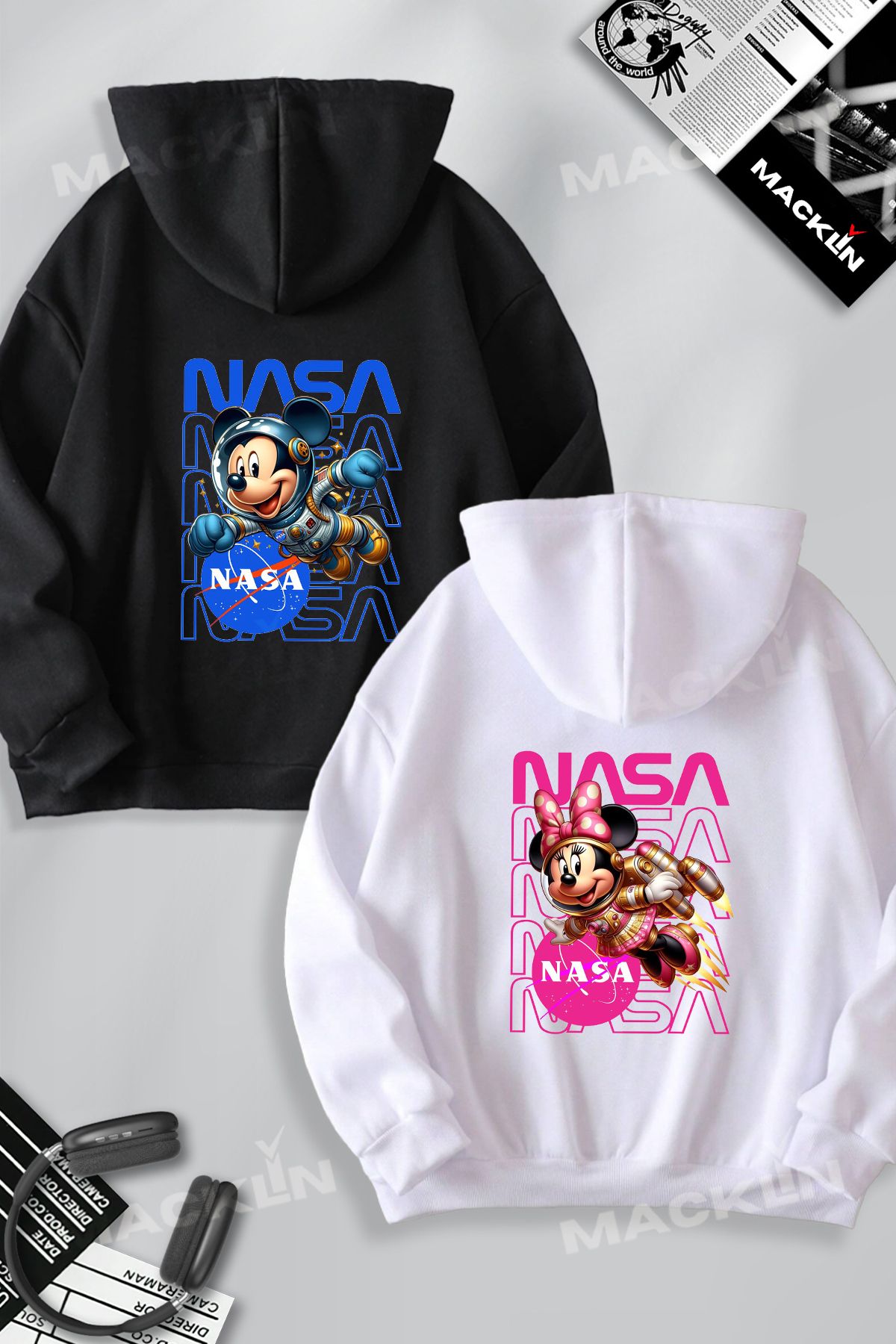 macklin Sevgili & Arkadaş Çift Kombini Mickey ve Minnie Mouse Nasa Baskılı Kapüşonlu Sweatshirt 2li Takım