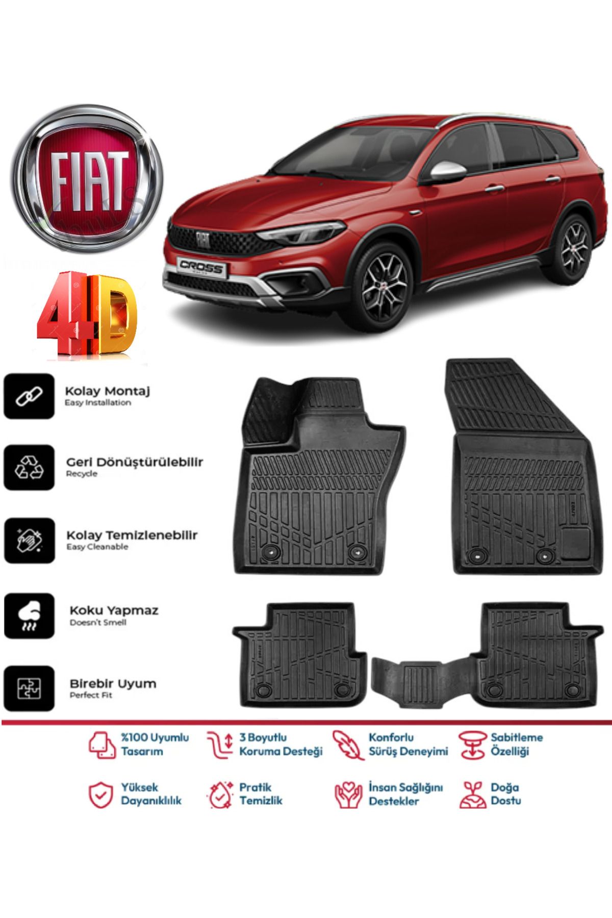 ko kaliteoto Fiat Egea Cross 2022 Ve Sonrası uyumlu 4.5D Plus Havuzlu Siyah Paspas Takımı Kauçuk