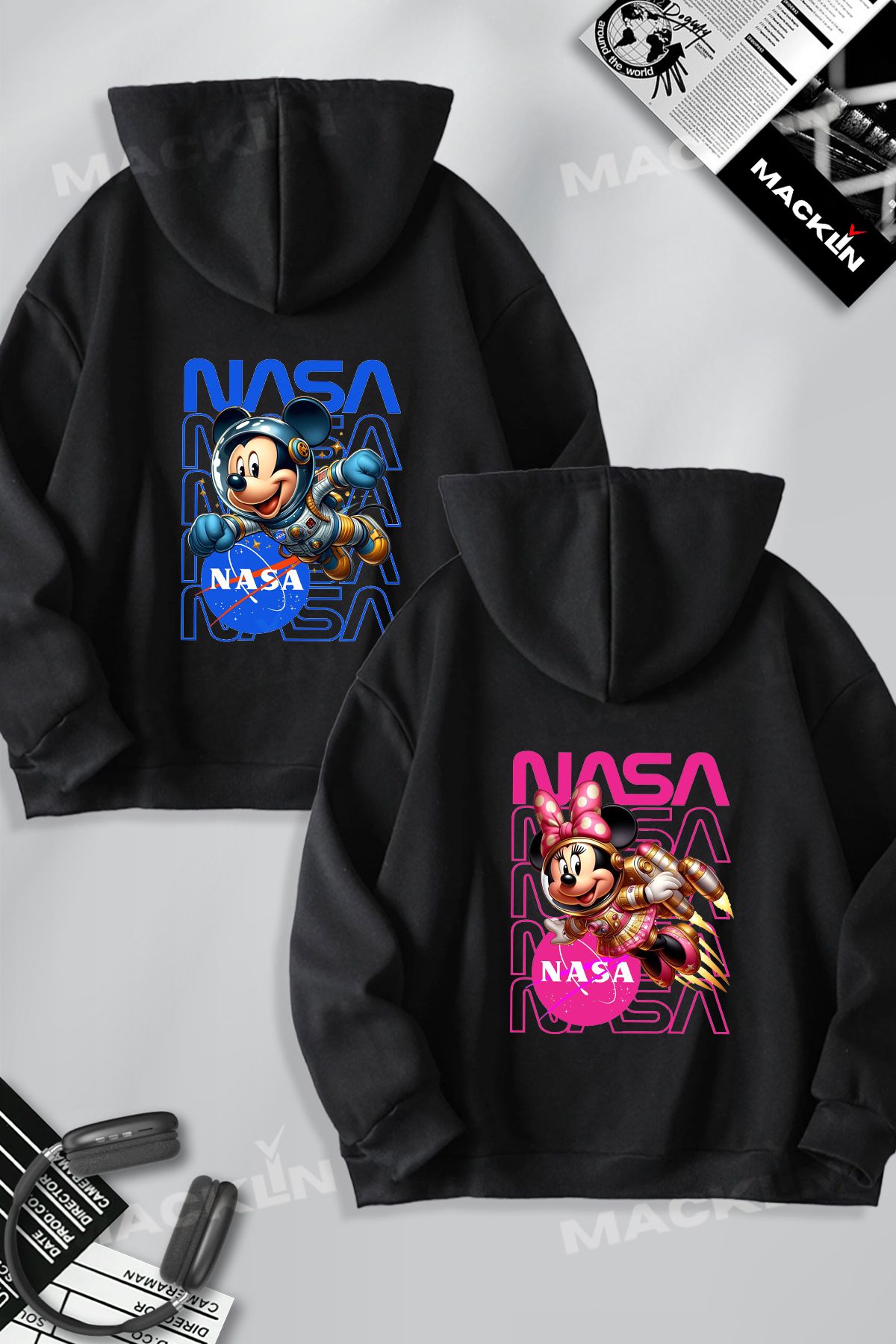 macklin Sevgili & Arkadaş Çift Kombini Mickey ve Minnie Mouse Nasa Baskılı Kapüşonlu Sweatshirt 2li Takım