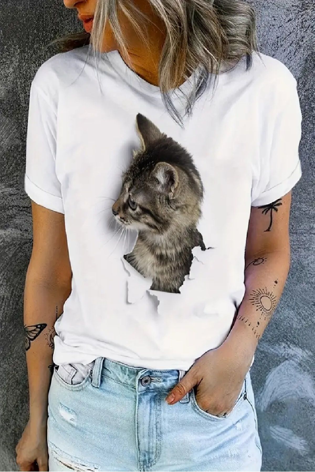 YOHO SPORT Kedi Baskılı Original Ünisex %100 Pamuklu Yeni sezon Yazlık T-shirt