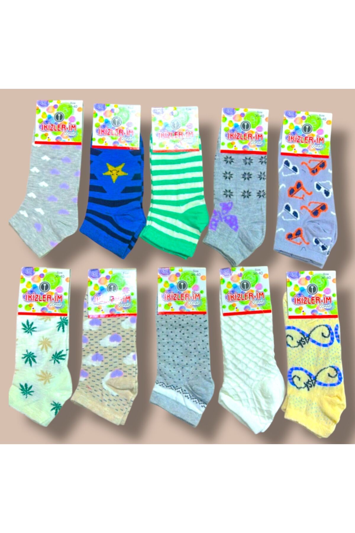 ikizlerim socks 10 Çift Açık Ve Koyu Renk Karışık Kadın Patik Çorap