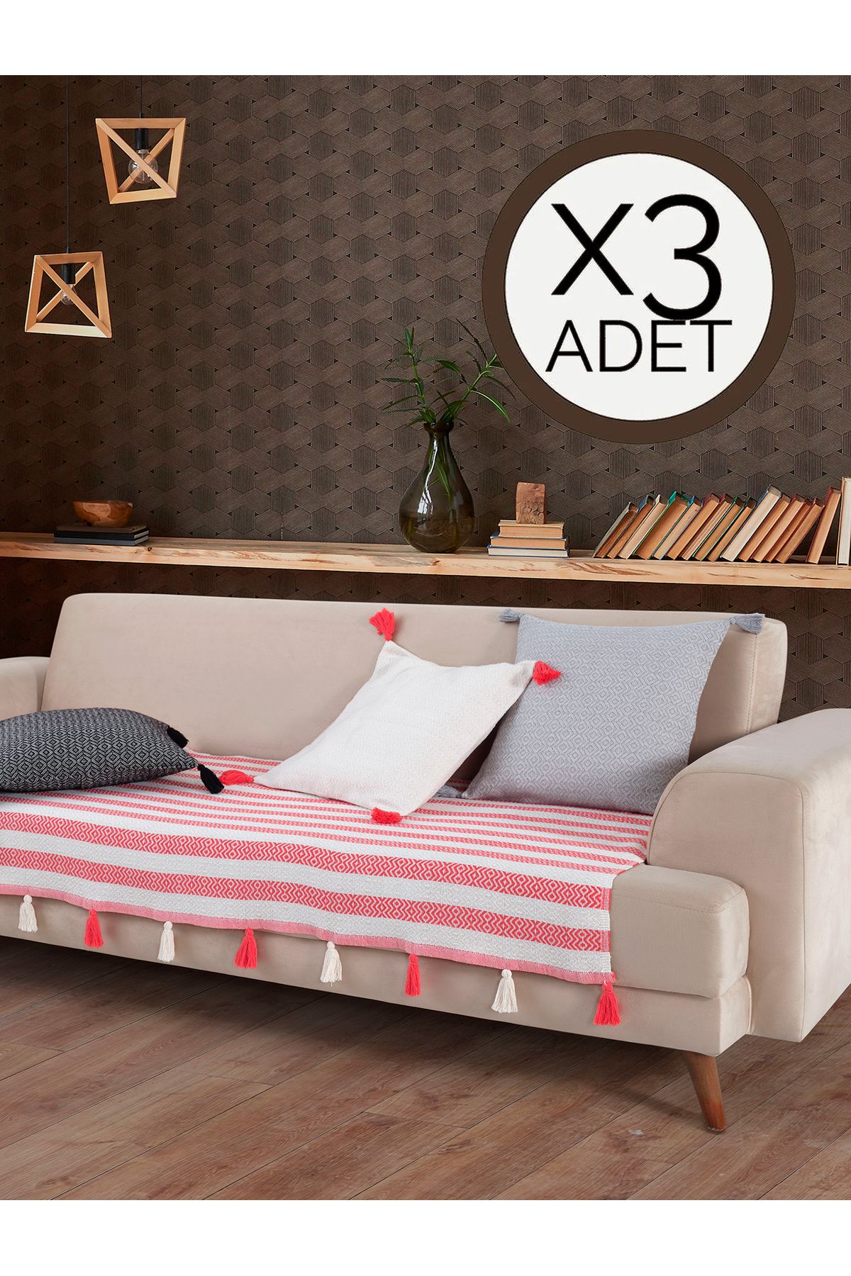 Lux Touch Liva Ponponlu Mercan 3 Adet Koltuk Örtüsü 115x200 Cm Kanepe Divan Çekyat Berjer Örtüsü Püsküllü