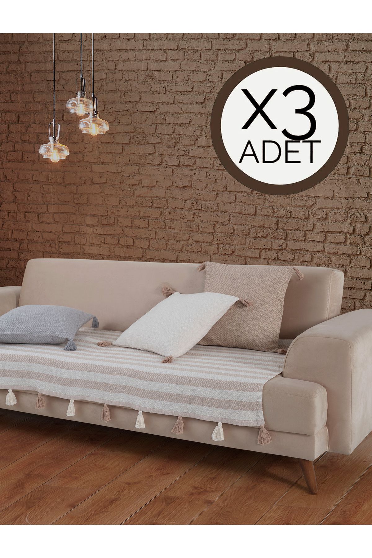 Lux Touch Liva Ponponlu Bej 3 Adet Koltuk Örtüsü 115x200 Cm Kanepe Divan Çekyat Berjer Örtüsü Püsküllü