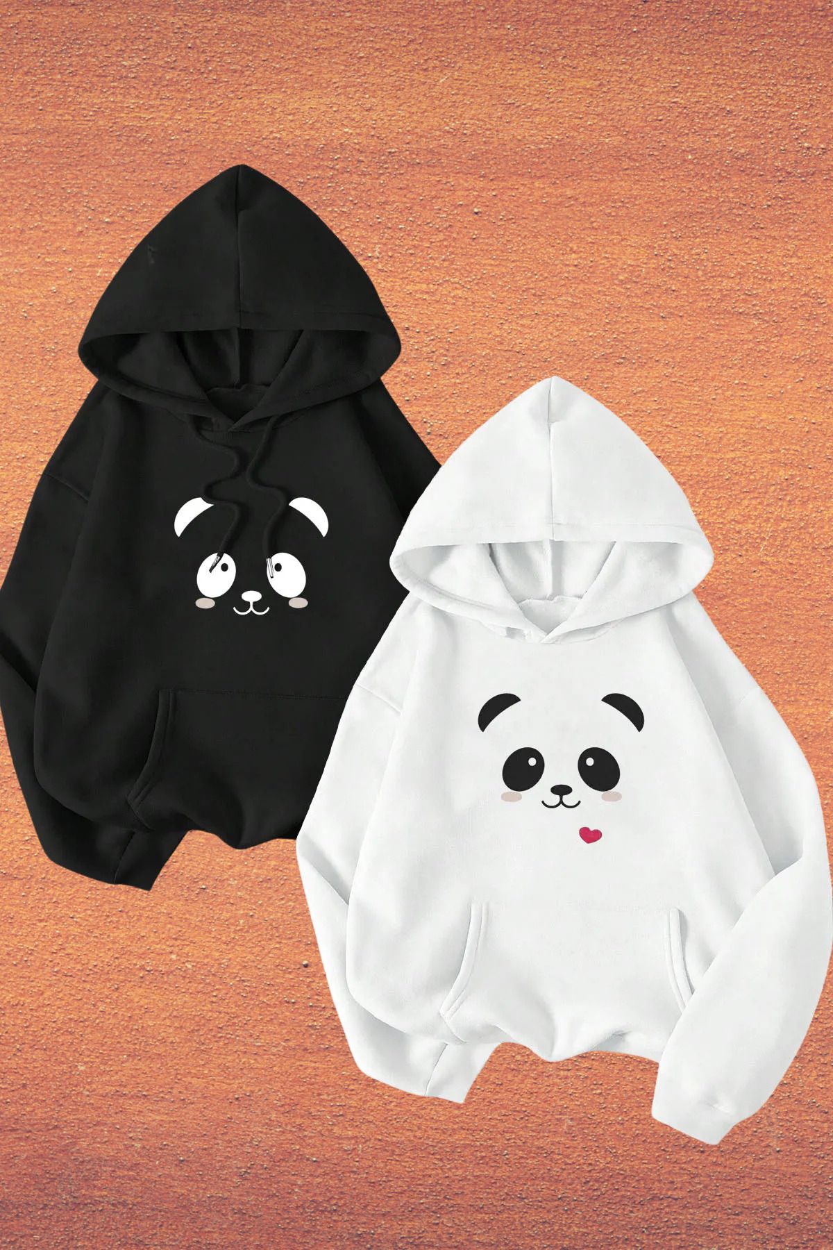 Wish BF Sevgili Çift Kombini Panda Baskılı Kapüşonlu Sweatshirt 2li Set Takım