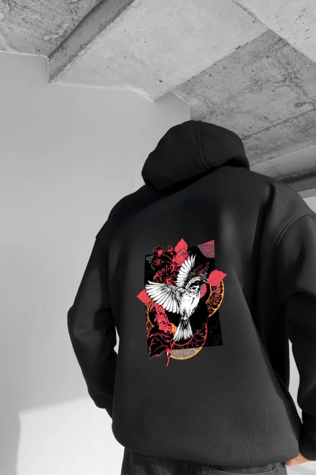 FECCY Pamuklu BirdBaskılı Kapüşonlu Sweatshirt Hoodie