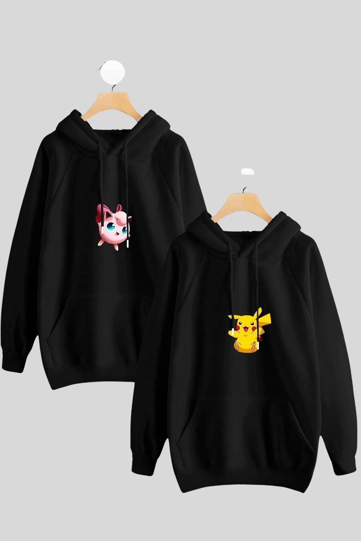 Wish BF Sevgili Çift Kombini Ash Jigglypuff Baskılı Tasarım Kapüşonlu Sweatshirt 2'li Set Takım