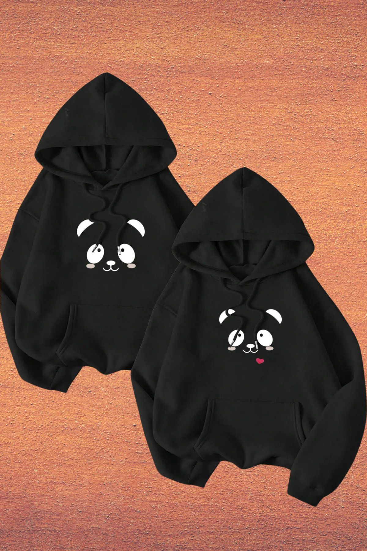 Wish BF Sevgili Çift Kombini Panda Baskılı Kapüşonlu Sweatshirt 2li Set Takım