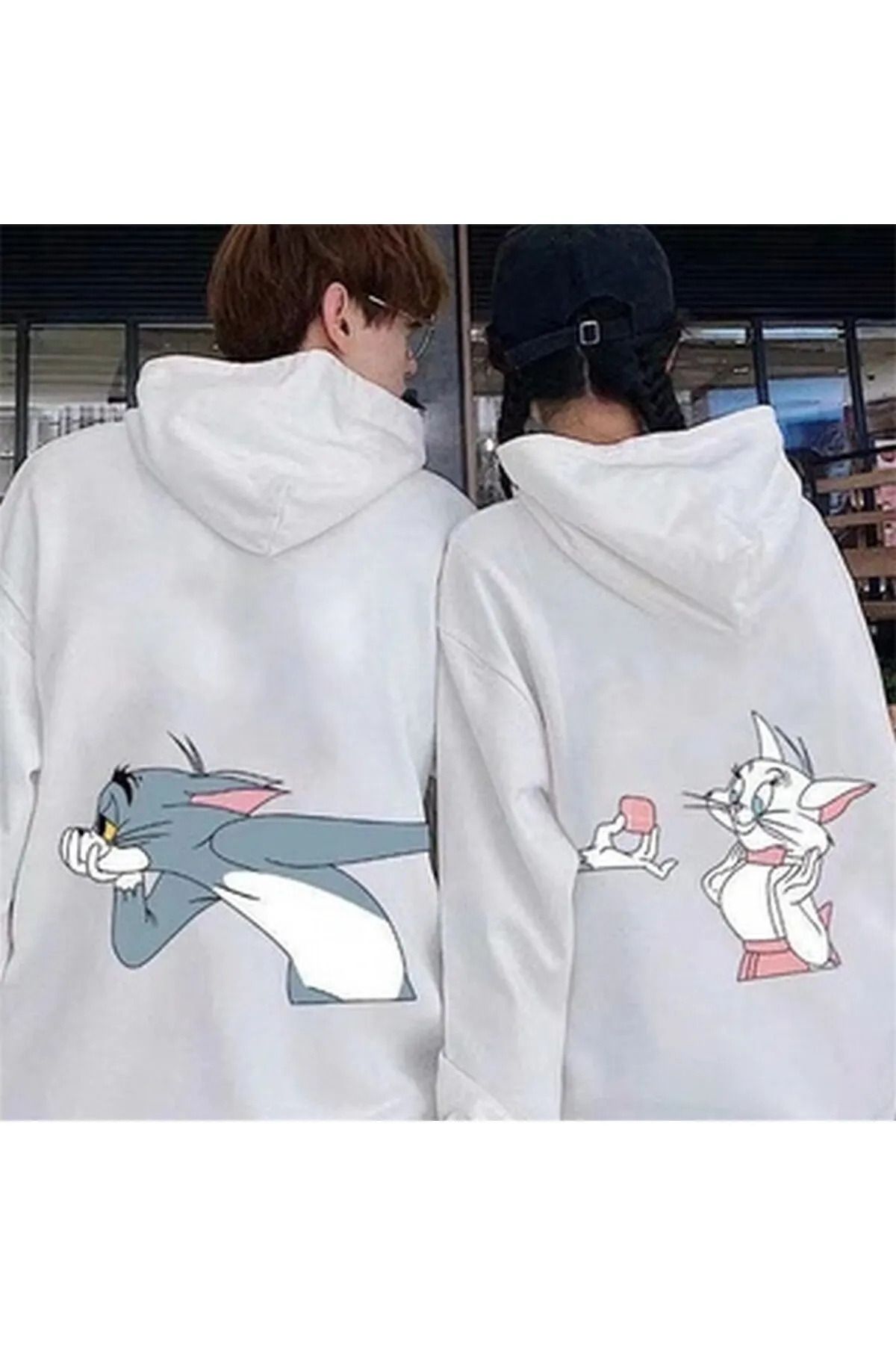 FECCY Pamuklu Beyaz1 Kapşonlu Sweatshirt Çift Sevgili Kombinleri Couple Clothing