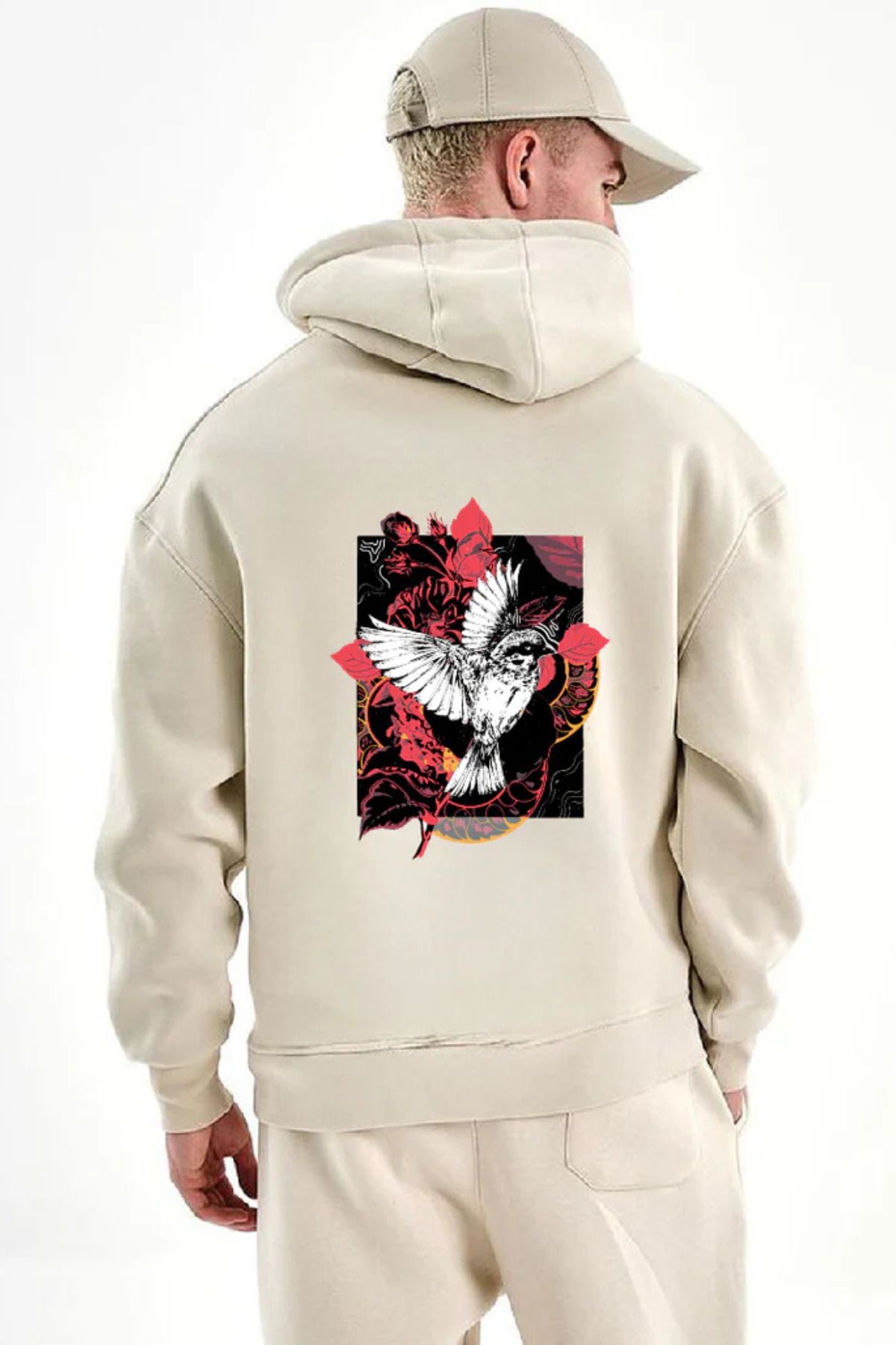 FECCY Pamuklu BirdBaskılı Kapüşonlu Sweatshirt Hoodie