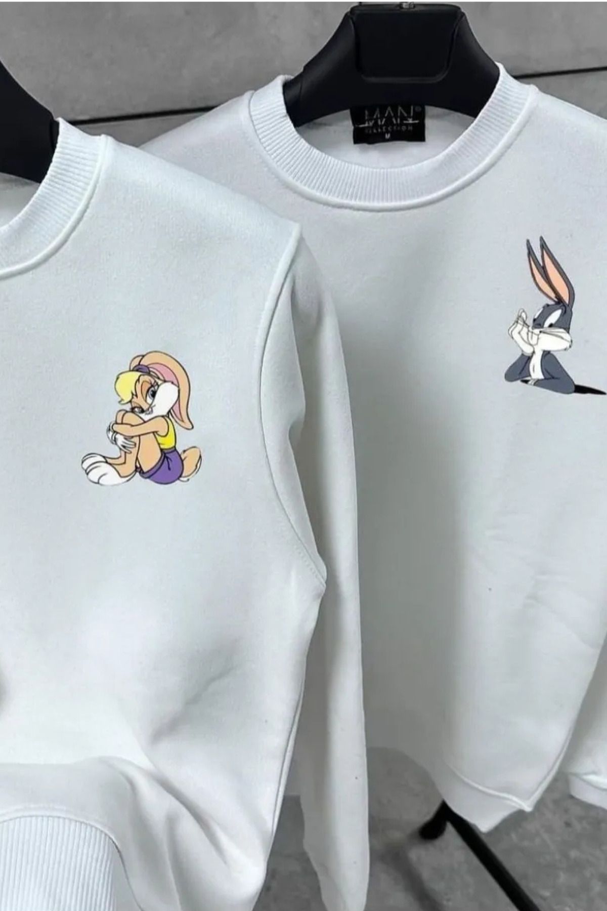 FECCY Pamuklu Beyaz Çift Kombin Bugs Bunny Baskılı Bisiklet Yaka Sweatshirt