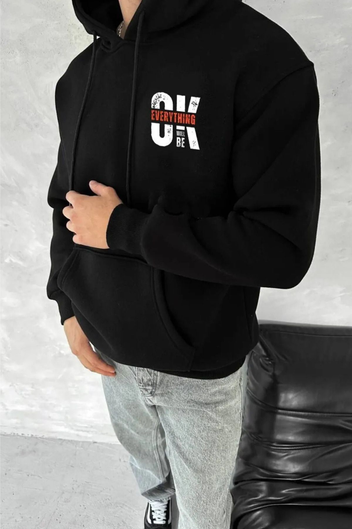 Wish BF 2 İplik Şardonlu OK EVERYTHİNG Baskılı Unisex Kapüşonlu Hoodie Sweatshirt