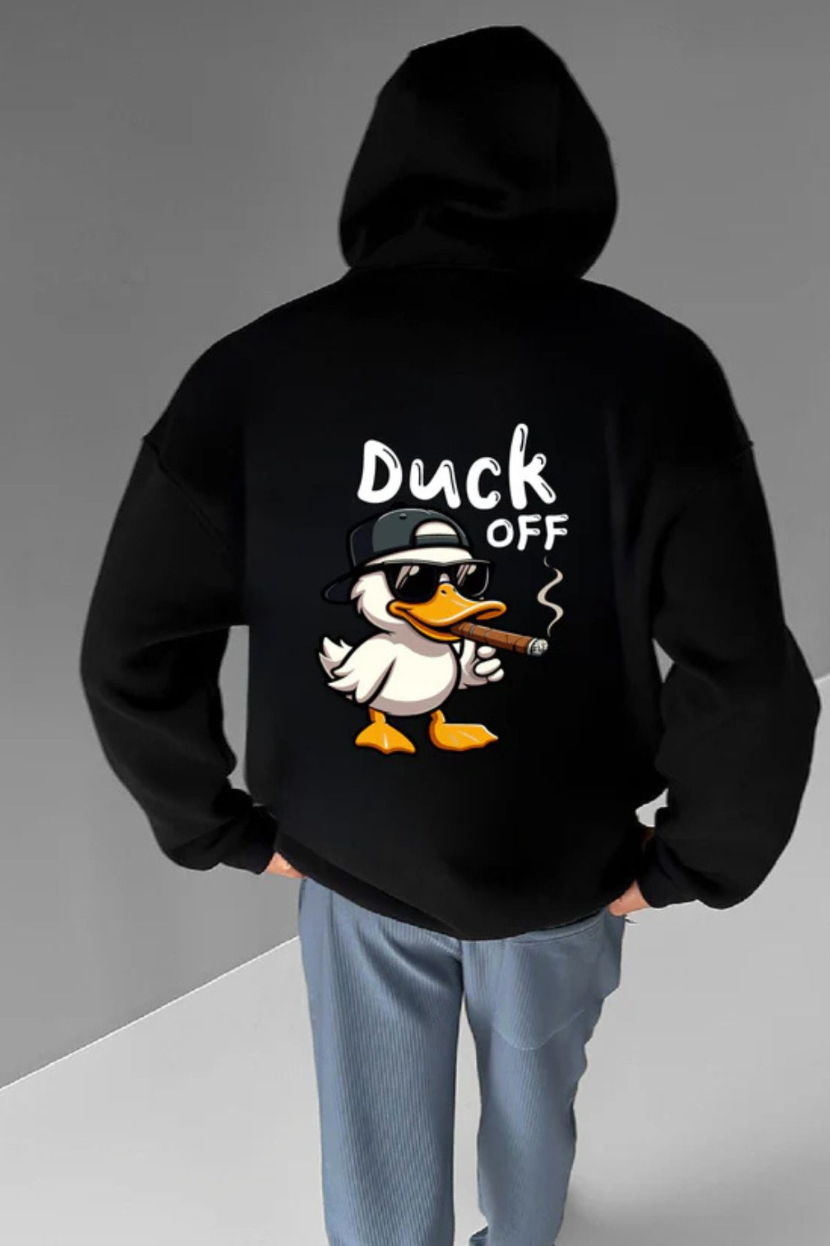 FECCY Pamuklu DUCK OFF Baskılı Kapüşonlu Sweatshirt Hoodie