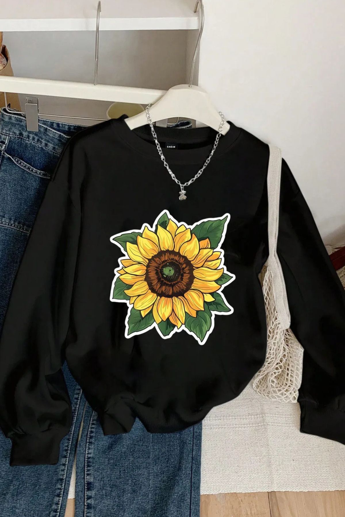 Wish BF Ayçiçeği ön baskılı siyah oversize kapşonlu sweatshirt hoodie