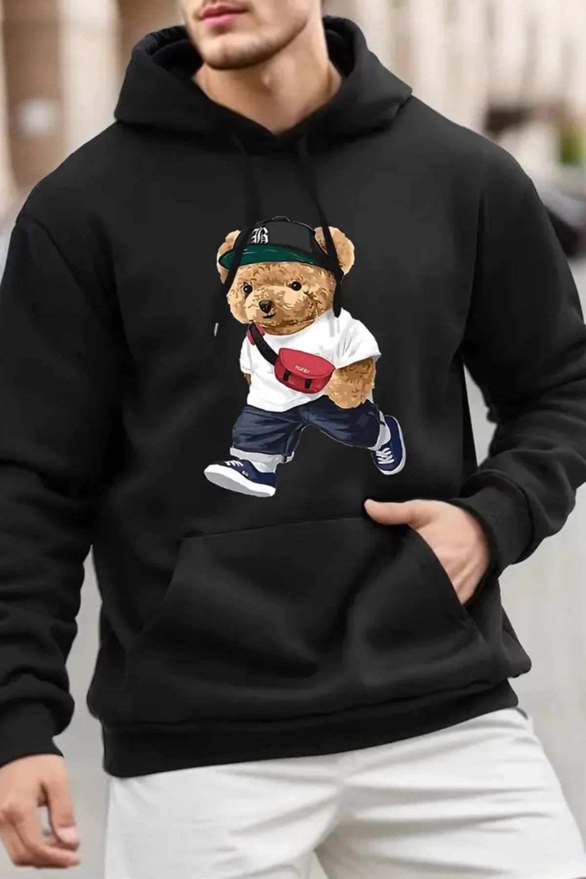 FECCY Pamuklu Erkek Klasik Ayı Baskılı Kapüşonlu Sweatshirt