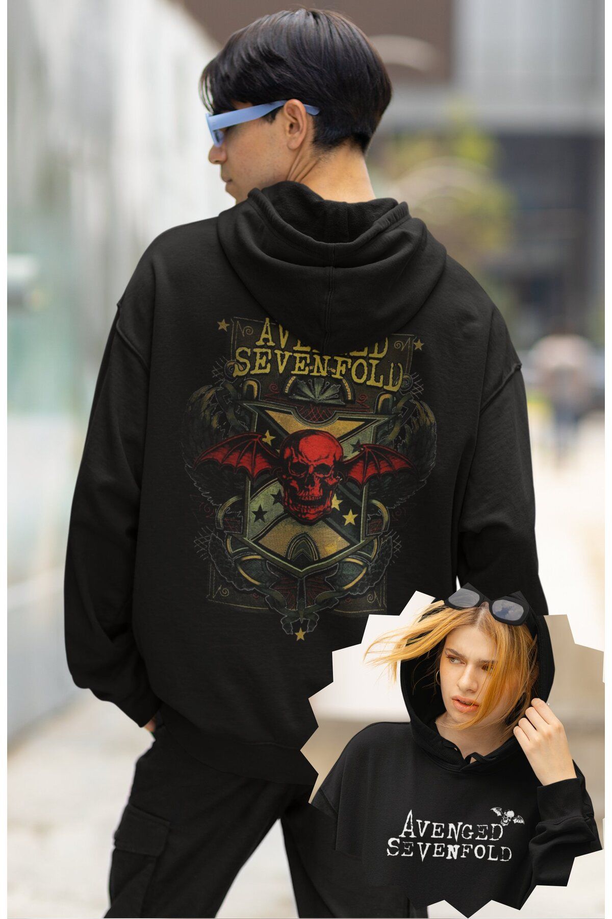 Fuddy Moda Unisex Red Skull Avenged Sevenfold Sırt Baskılı Kapüşonlu Sweatshirt, Oversize Rock Band Baskılı Ho