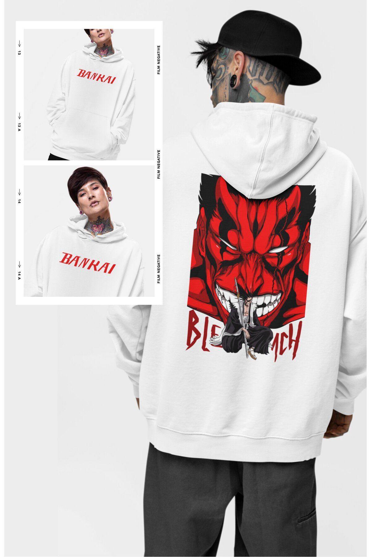 Fuddy Moda Oversize Bankai Zaraki Kenpachi Sırt Baskılı Kapüşonlu Sweatshirt,Unisex Bleach Anime Temalı Hoodie