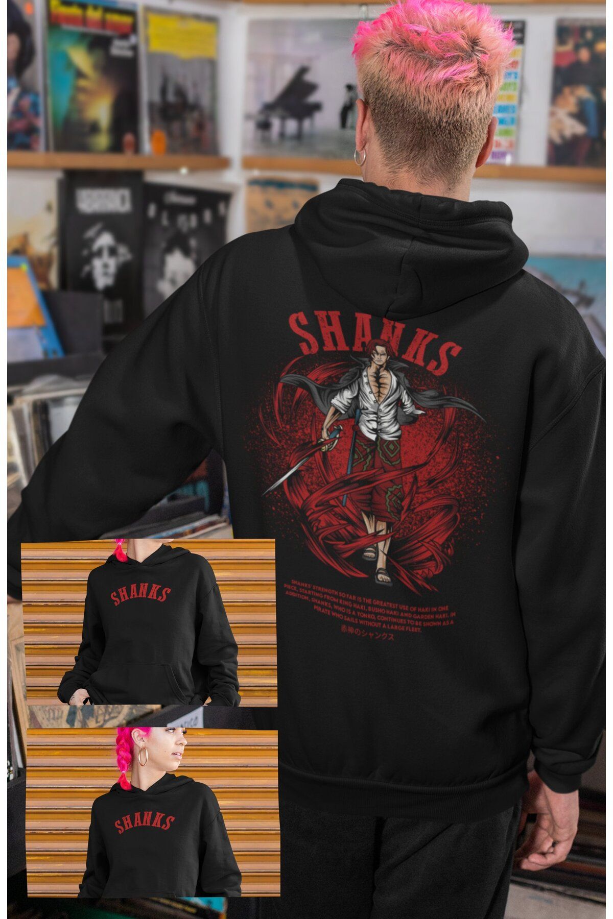 Fuddy Moda Oversize Shanks Sırt Baskılı Kapüşonlu Sweatshirt, Unisex One Piece Temalı Anime Hoodie