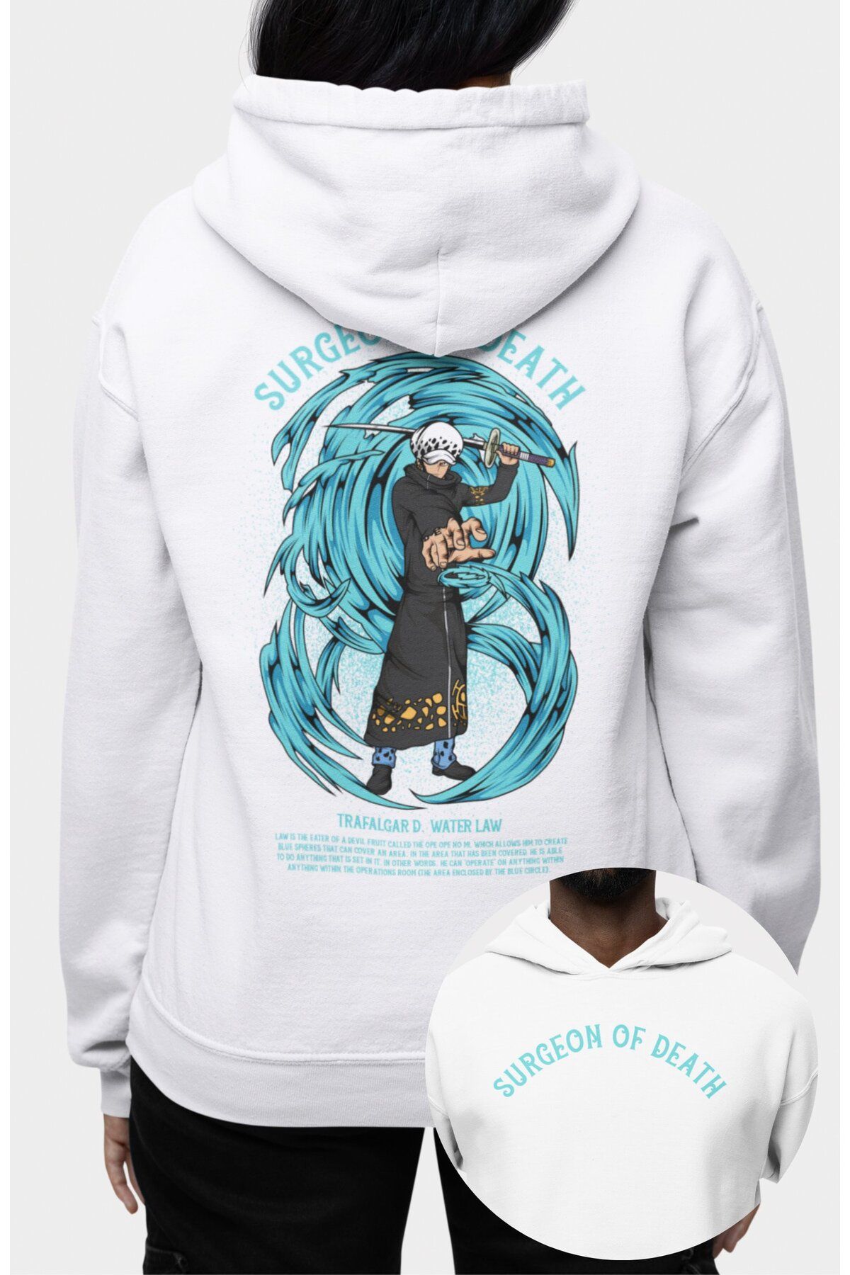 Fuddy Moda Oversize Trafalgar Water Law Sırt Baskılı Kapüşonlu Sweatshirt,Unisex One Piece Temalı Anime Hoodie