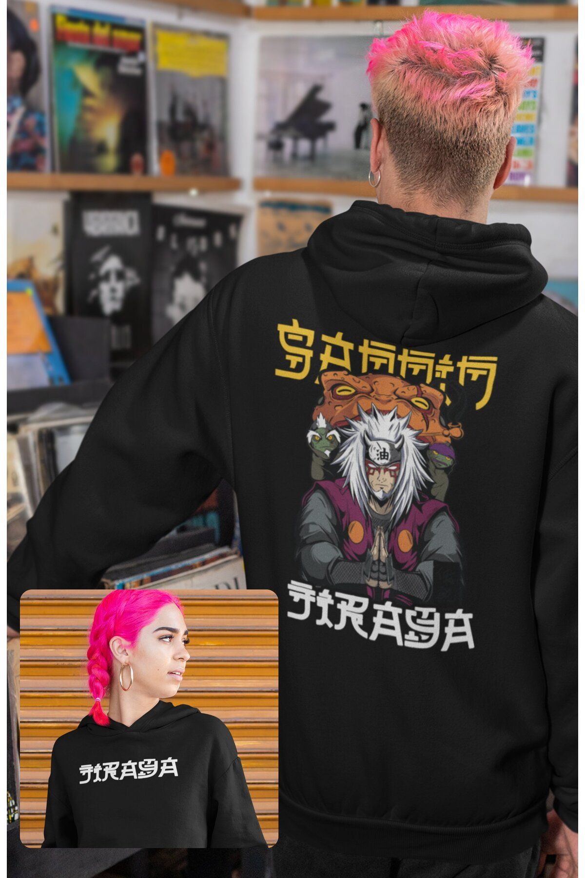 Fuddy Moda Oversize Jiraiya Sırt Baskılı Kapüşonlu Sweatshirt, Unisex Naruto Anime Temalı Hoodie