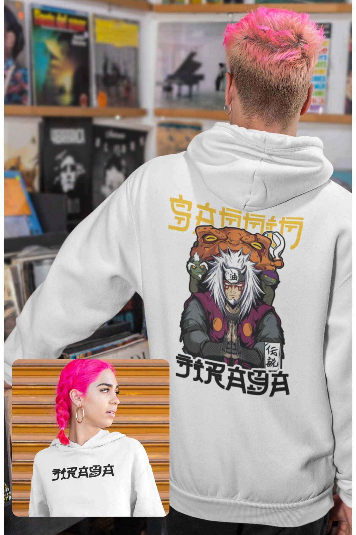 Fuddy Moda Oversize Jiraiya Sırt Baskılı Kapüşonlu Sweatshirt, Unisex Naruto Anime Temalı Hoodie