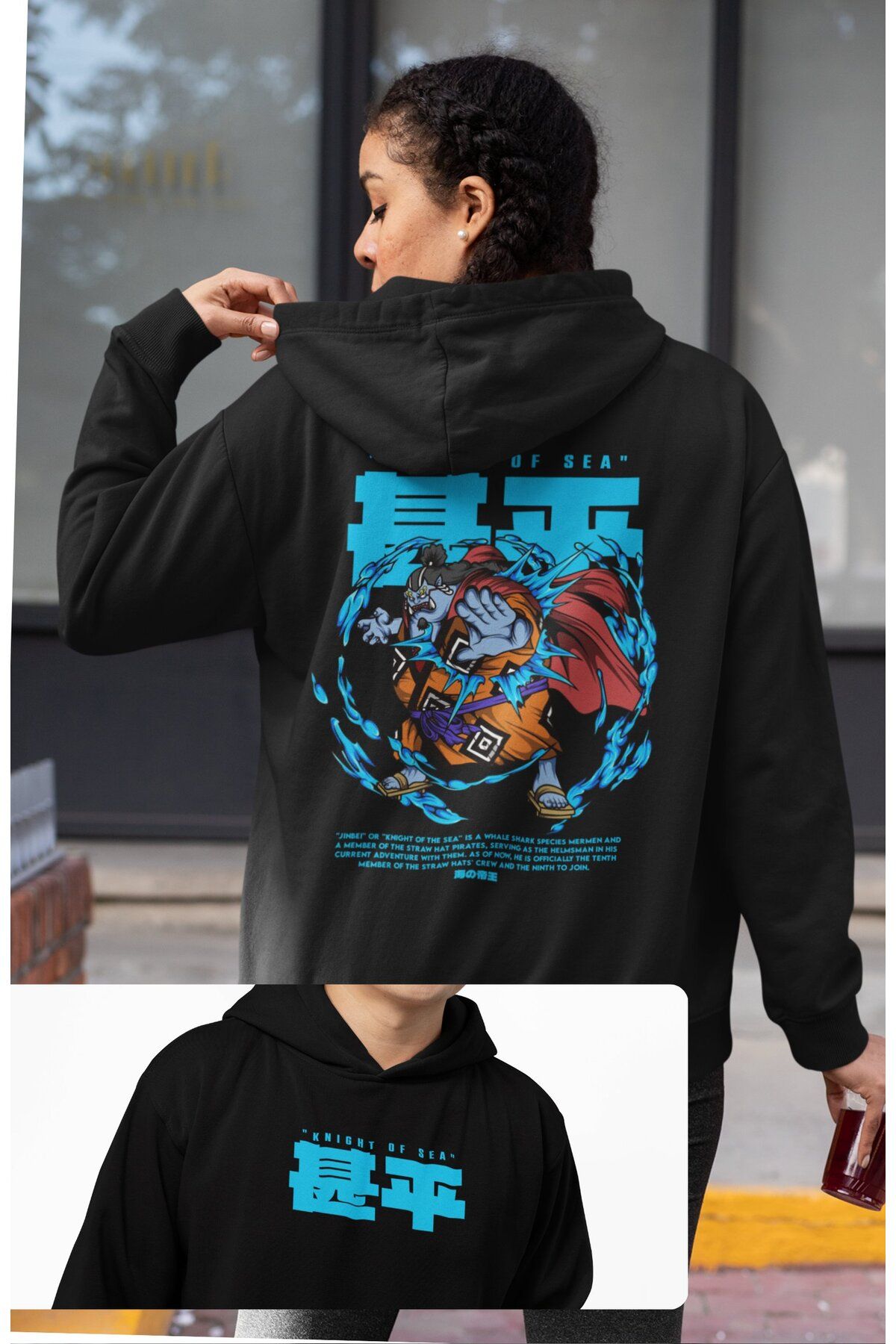 Fuddy Moda Oversize Jimbei Sırt Baskılı Kapüşonlu Sweatshirt, Unisex One Piece Temalı Anime Hoodie