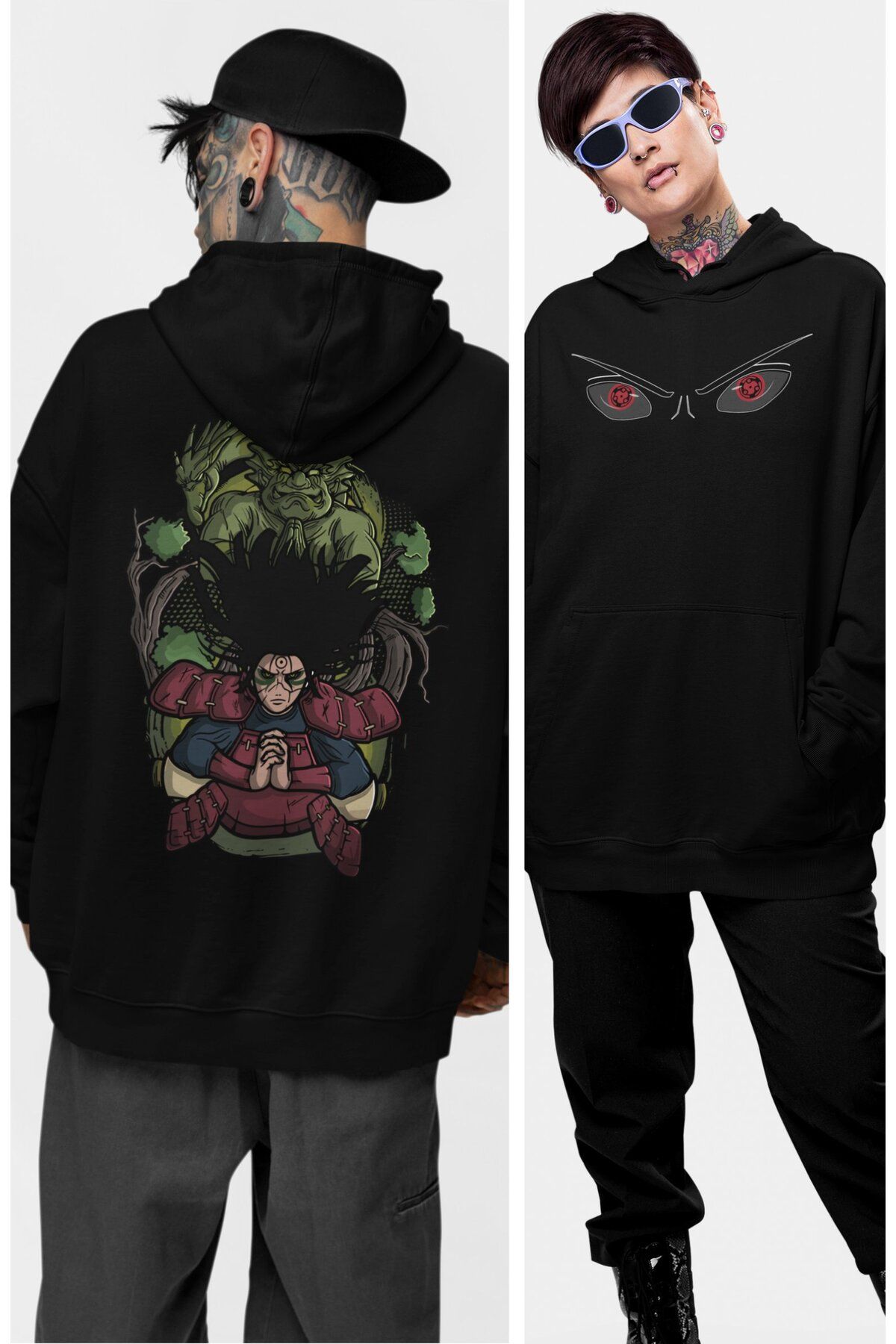 Fuddy Moda Oversize Uchiha Madara Eye Sırt Baskılı Kapüşonlu Sweatshirt, Unisex Naruto Anime Temalı Hoodie